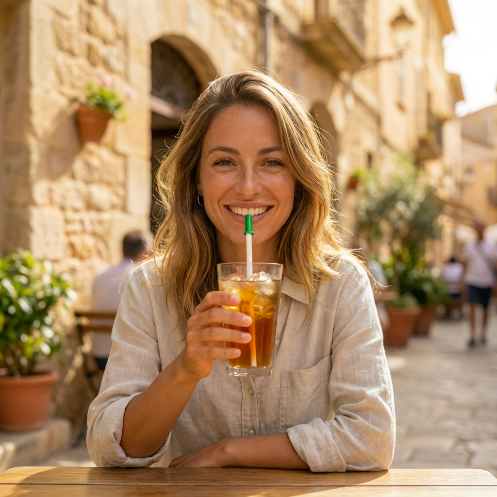 Strwky groen op een papieren rietje bij een drankje op een zonnig terras