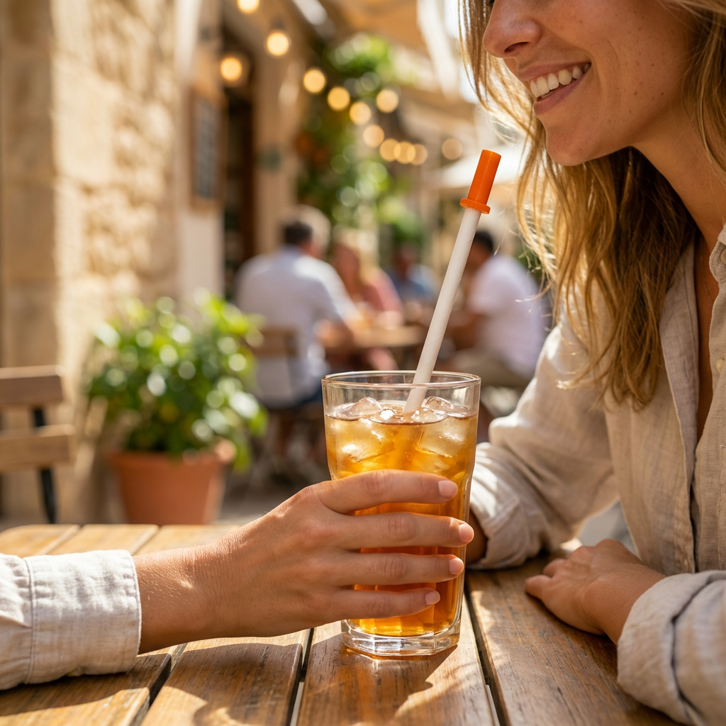 Strwky oranje op een papieren rietje bij een drankje op een zonnig terras